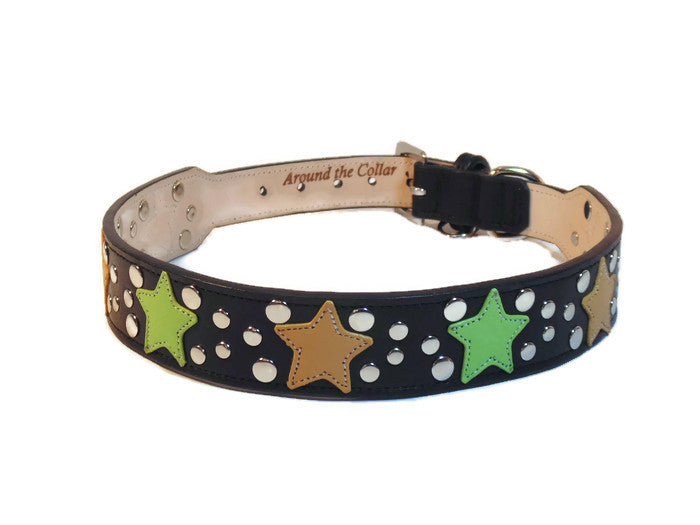 Breck Wider Leather Dog Collar with Star and Nickel Stud Cluster - Around The Collar NY