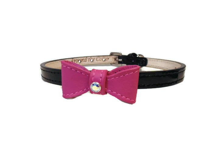 Leather Bow Dog  Collar with Swarovski Crystal on Loop - Around The Collar NY