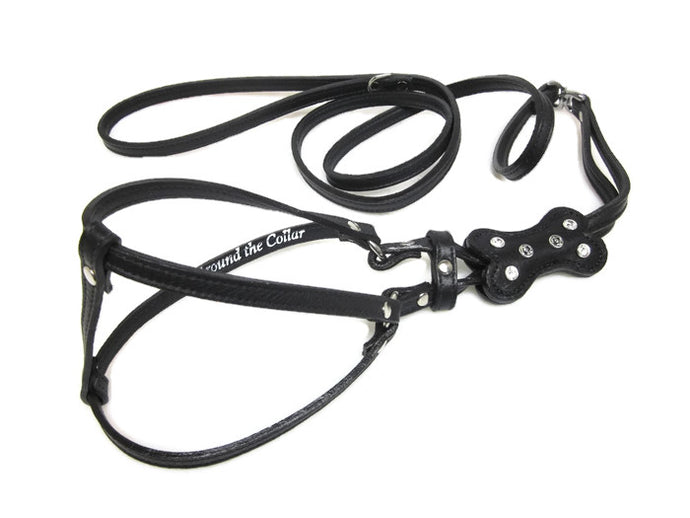 Bone Leather All-In-One Harness with Bone Slider and 6 Swarovski Crystals - Around The Collar NY