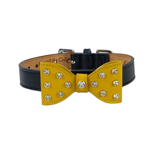 Bow Leather Dog Collar with Crystals on Large Bow