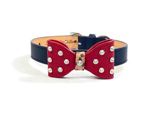 Large Leather Bow Dog Collar with Crystals on Bow