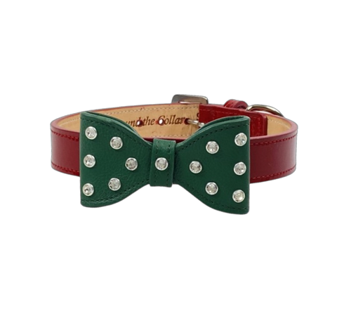 Large Leather Bow Christmas Dog Collar with Crystals on Bow