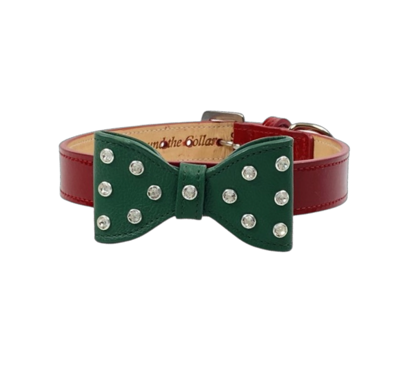 Large Leather Bow Christmas Dog Collar with Crystals on Bow