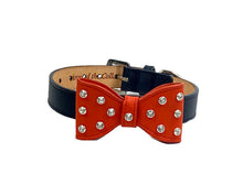 Load image into Gallery viewer, Bow Leather Dog Collar with Crystals on Large Bow