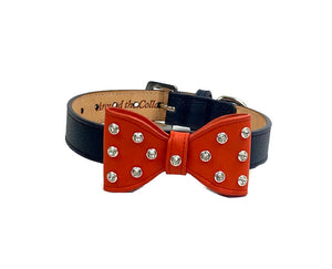 Bow Leather Dog Collar with Crystals on Large Bow
