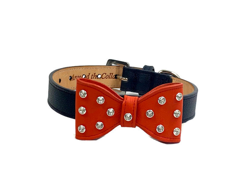 Leather Large Bow Dog Collar with Austrian Crystals on Bow-Halloween