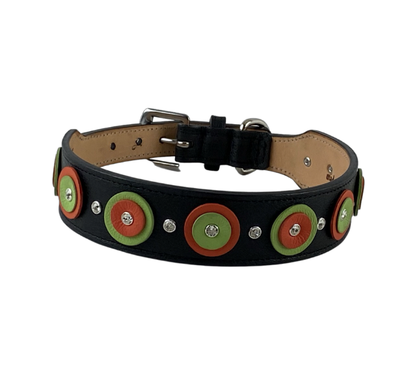 Brady Double Disc Wider Leather Dog Collar with Crystals on Disc and Collar