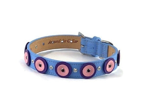 Brady double disc dog collar in cornflower blue. Purple & Pink Tulip discs. Amethyst crystals by Around the Collar