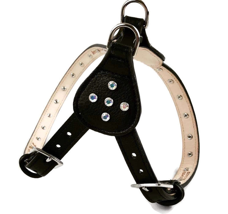 Brie Leather Step-In Dog Harness with Clear Crystals on Straps and Tabs