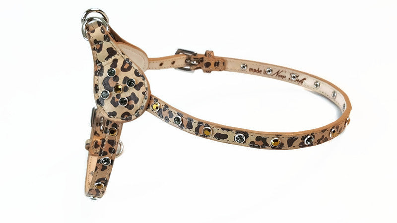 Brie Leopard Leather Step-In Dog Harness with Crystals on Tabs & Straps