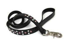 Cargar imagen en el visor de la galería, Callie leather dog leash with crystal cluster by Around the Collar Black with Clear &amp; Rose