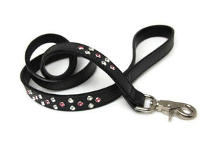 Callie leather dog leash with crystal cluster by Around the Collar Black with Clear & Rose
