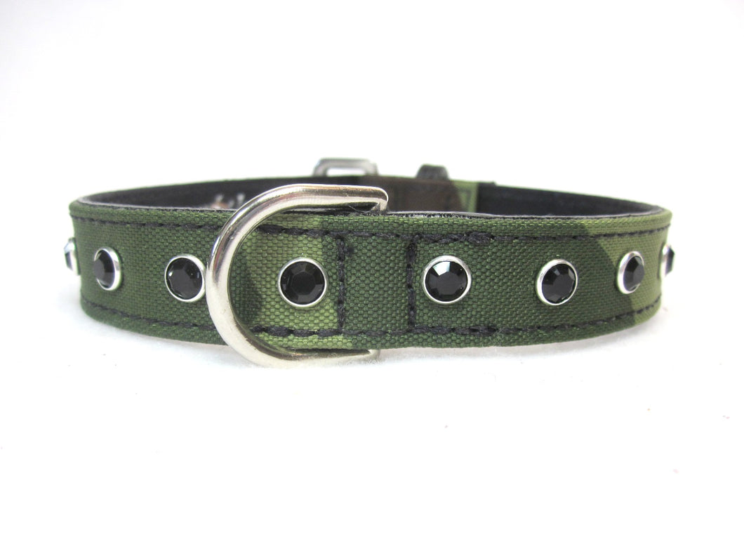 Brie Camouflage Dog Collar w/Leather and Single Row Swarovski Crystals - Around The Collar NY