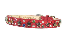 Lincoln Leather Dog Collar with Nickel Stars and Swarovski Jewel Cluster - Around The Collar NY