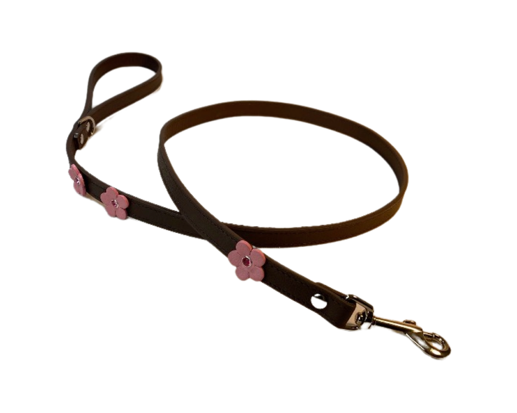 Ellie Leather Dog Leash with 3 Flowers-Crystals on Flower Only