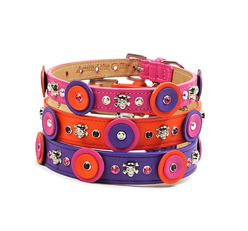 Brady Double Disc Leather Dog Collar with Skull Heads & Austrian Crystals Product vendor
