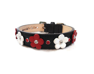 Ellie Flower Leather Dog Collar-Bevel Set Crystals on Flower & Strap - Around The Collar NY