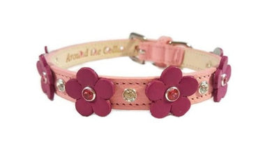 Ellie Flower Leather Dog Collar-Bevel Set Crystals on Flower & Strap - Around The Collar NY