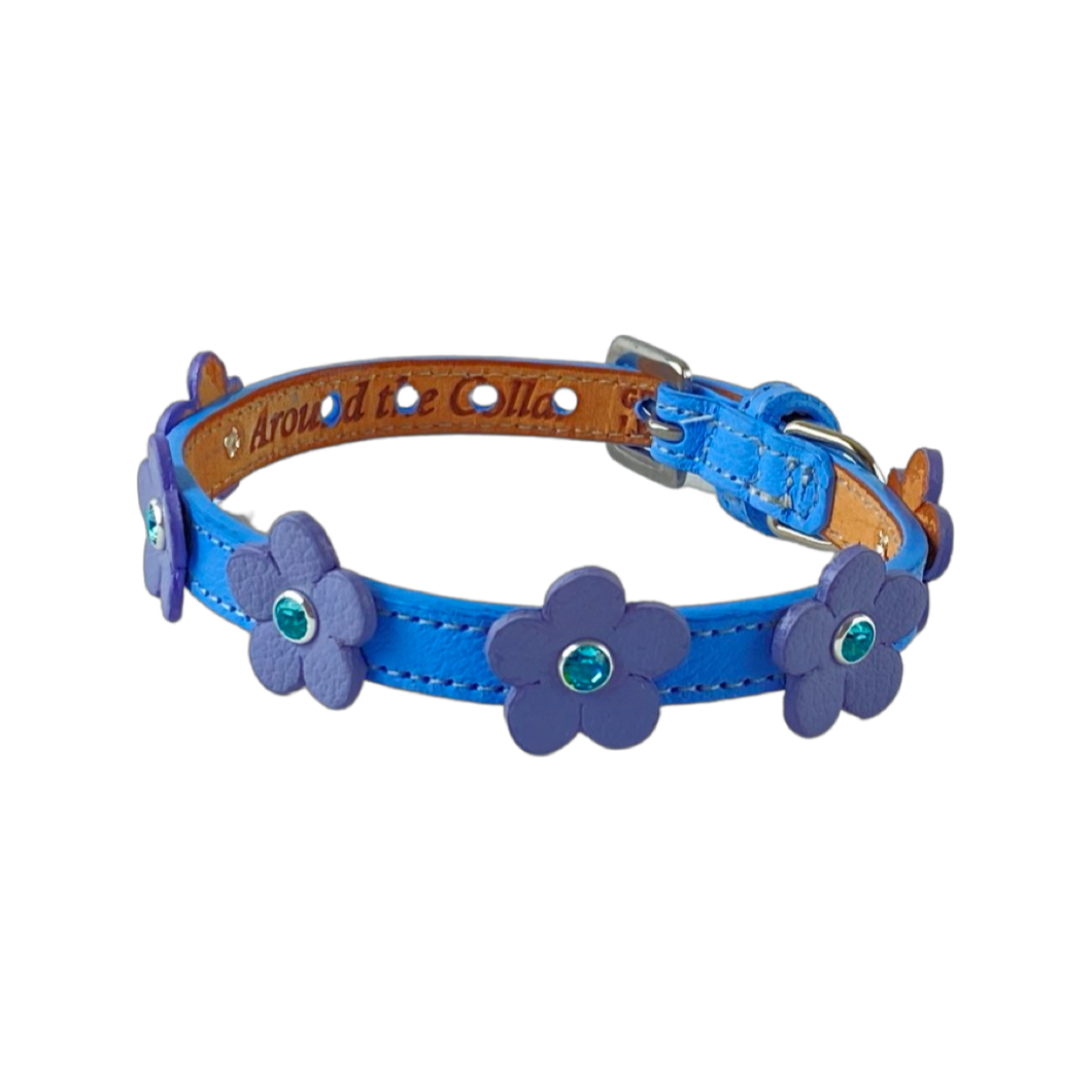 Ellie flower leather dog collar by Around the Collar. Cornflower Blue with Lilac