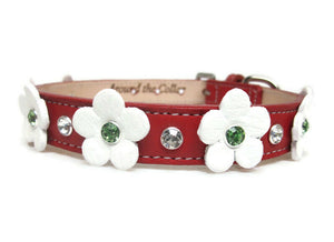 Ellie Christmas Flower Leather Dog Collar with Crystals on Flower & Strap