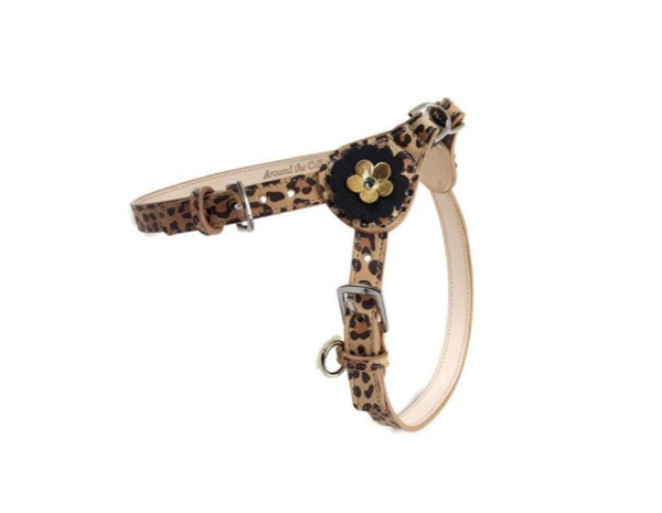 Emma flower leopard leather step-in dog harness by Around the Collar
