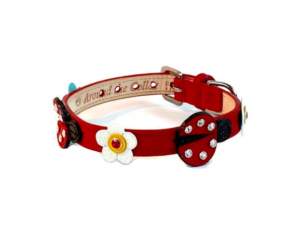 Ruby Red Dog Collar with Black Leather + Multicolored Stitching