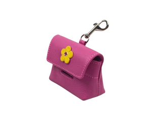 Ellie flower magenta leather with yellow flower poop bag holder