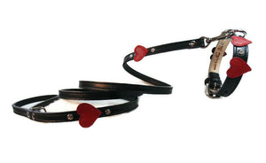 Hearts Leather Leash with Crystals on Sides - Around The Collar NY