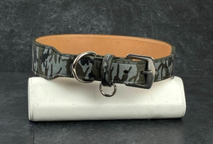 Camouflage gray leather dog collar. For bigger dog. Wider width Custom made in USA by Around the Collar