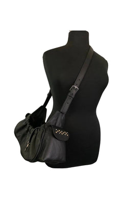 Leah black leather dog sling carrier with crystal stones