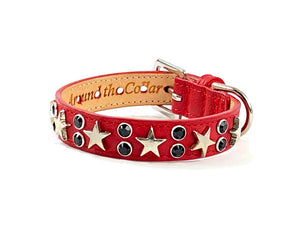 Lincoln Leather Dog Collar with Nickel Stars and Jewel Cluster - Around The Collar NY