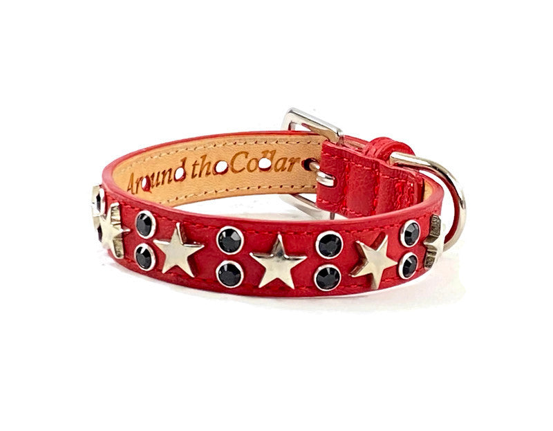 Lincoln Leather Dog Collar with Nickel Stars and Jewel Cluster - Around The Collar NY