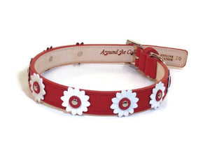 Maci Leather Flower Dog Collar with Nickel Stud Center