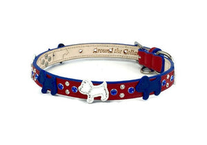 Leather Malka dog collar with dogs and crystals. Americana theme colors in royal, white and red by Around the Collar