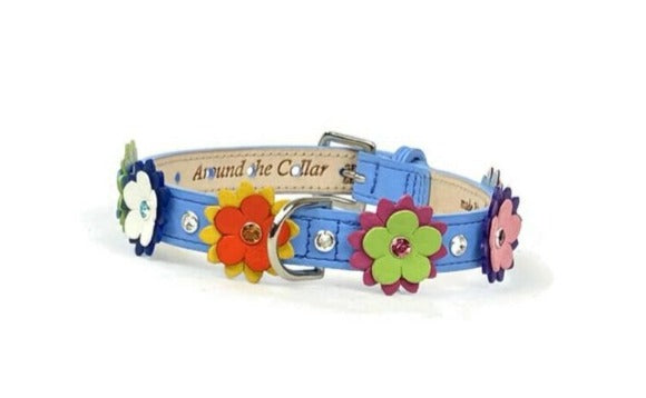 Penelope Flower Multi Color Leather Dog Collar with Crystals on Flower and Collar Product vendor