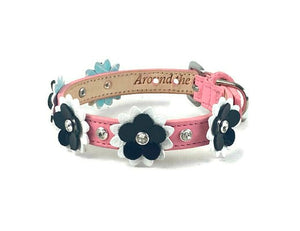 Penelope Flower Leather Collar with Crystals on Flower & Collar