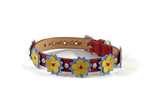 Load image into Gallery viewer, Red leather Penelope flower dog collar by Around the Collar