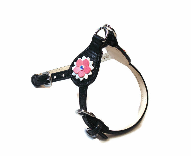 Penelope Flower Leather  Dog Step-In Harness with Austrian Crystal on Flower