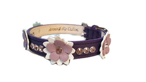 Rumi leather flower collar with 3 Swarovski crystals on strap between flowers and on flower - Around The Collar NY
