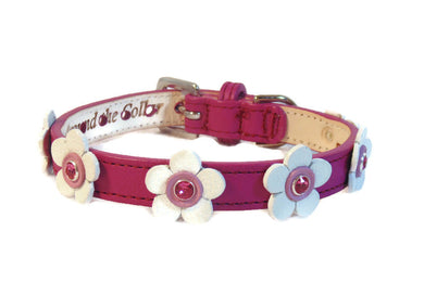 Riley flower leather dog collar in magenta with white & lilac. Rose Austian crystals