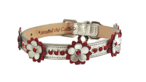 Rumi leather flower collar with 3 Swarovski crystals on strap between flowers and on flower - Around The Collar NY