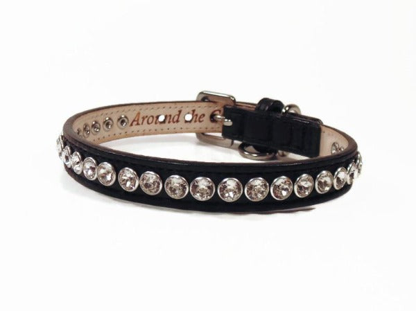 Shanti black leather dog collar with handset crystals close together Custom Made by Around the Collar
