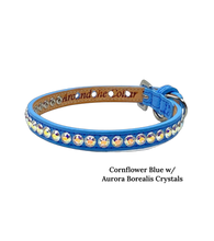 Load image into Gallery viewer, Shanti All Crystal Bling Leather Dog Collar in Cornflower Blue and Aurora Borealis Crystals