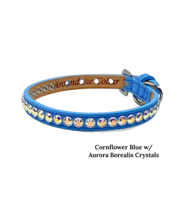Shanti All Crystal Bling Leather Dog Collar in Cornflower Blue and Aurora Borealis Crystals