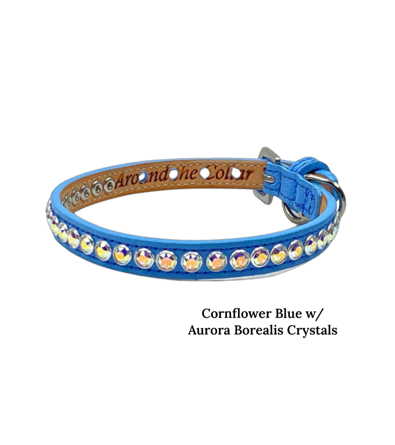 Shanti All Crystal Bling Leather Dog Collar in Cornflower Blue and Aurora Borealis Crystals