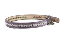 Load image into Gallery viewer, Lilac leather Shanti dog collar. Custom made by Around the Collar. Handset crystals