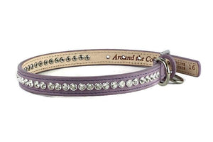 Lilac leather Shanti dog collar. Custom made by Around the Collar. Handset crystals