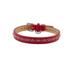 Shanti red leather dog collar with alternating black diamond & ruby crystals by Around the Collar