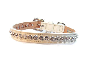 Shanti white leather dog collar with handset crystals close together Custom Made by Around the Collar