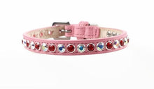 Load image into Gallery viewer, Shanti pink tulip leather dog collar with alternating Aurora Borealis &amp; Ruby Crystals- custom made by Around The Collar NY